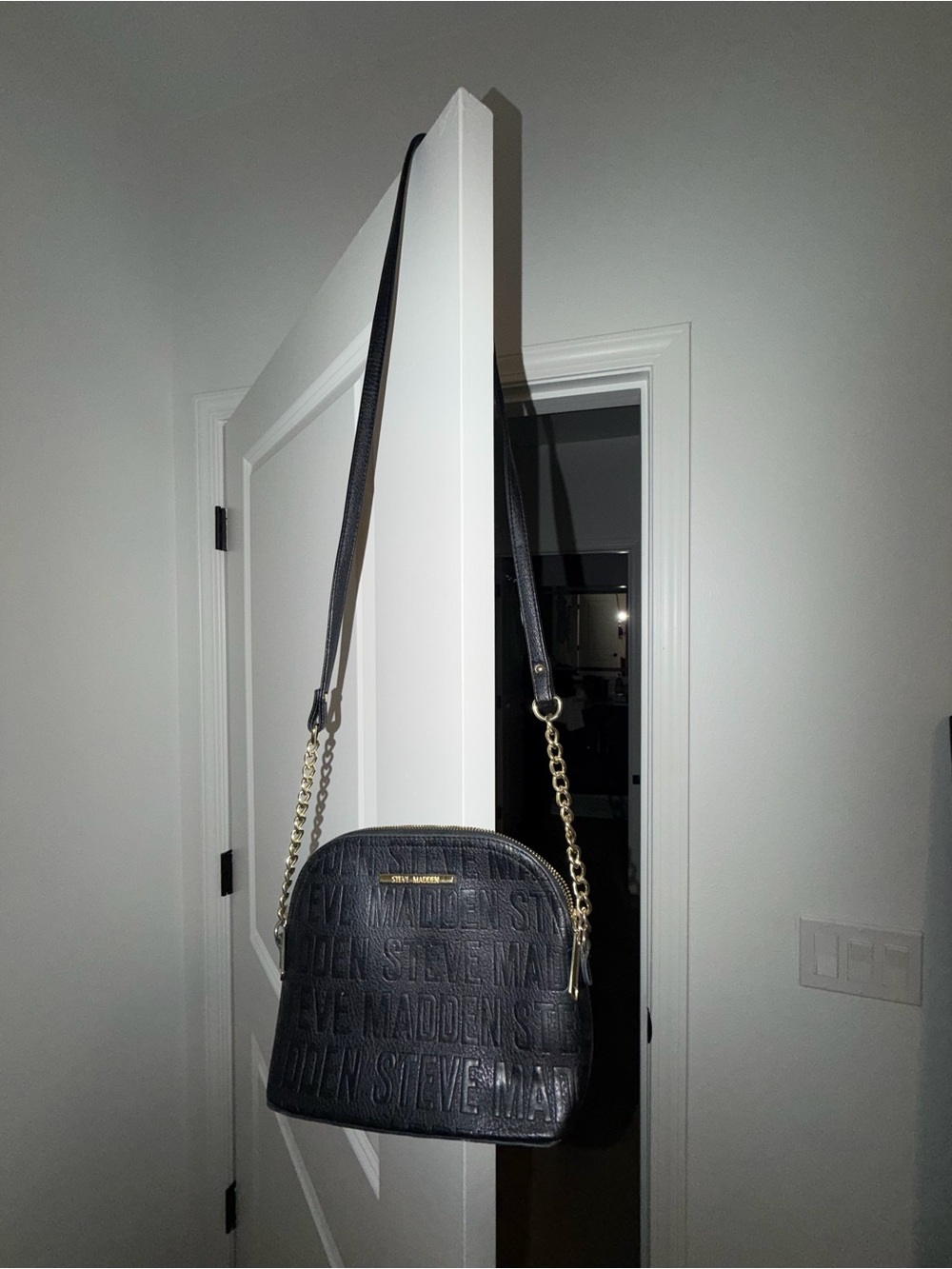 Steve Madden Black Embossed Logo Crossbody with Gold Chain